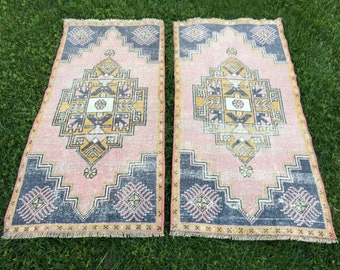 Pair of Small Vintage Turkish Oushak Rugs: Handwoven Wool Accent Rugs