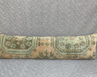 Boho Turkish Handmade Long Lumbar Pillow Green Beige Pillow 12x47