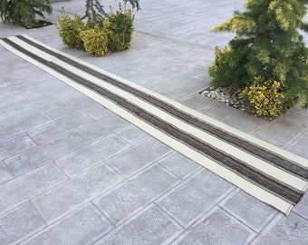 Alfombra Kilim de lana tejida a mano, alfombra turca de rayas marrones para pasillo