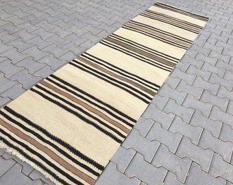 Kilim de lana a rayas: alfombra turca vintage (80 x 280 cm)