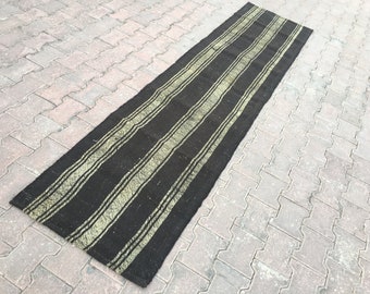 Handgewebter schwarz gestreifter Kelim Teppich Läufer: 72cm x 312cm