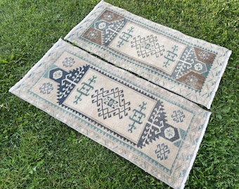 Handwoven Turkish Wool Rugs: Muted Farmhouse Decor, Vintage Pair