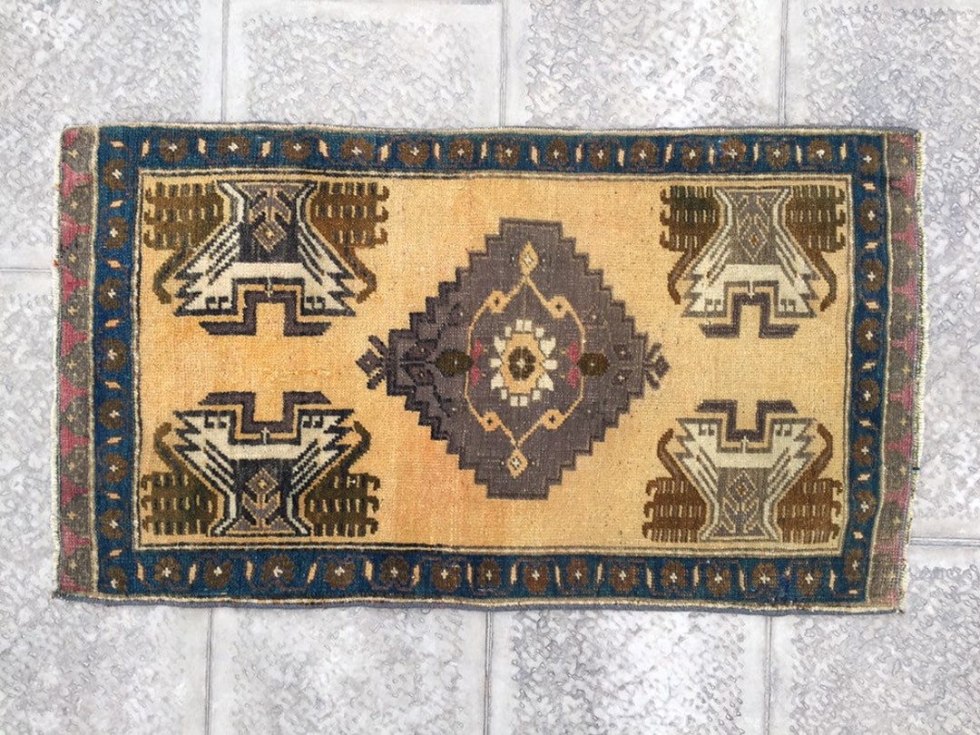 Small Vintage Wool Door Mat Antique Traditional Motifs Carpet Etsy