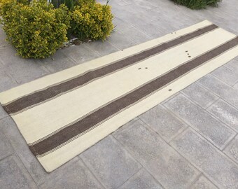 Handwoven Kilim Runner Rug: Brown & Cream Turkish Hallway Rug (34”X134”)