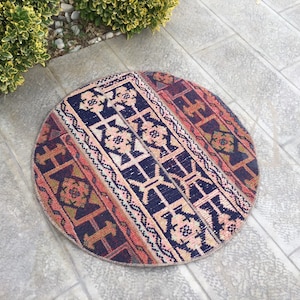 Bohemian Round Rug, Blue Carpet Rug, Patchwork Mid Century Rug, Vintage Carpet Rug, Handmade Floor Rug, Bath Mat Rug, 2.9 X 2.9 Feet Rugs
