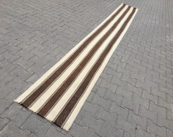 Handwoven Kilim Runner: Natural Sheep Wool, Brown Stripes (22” X 184”)
