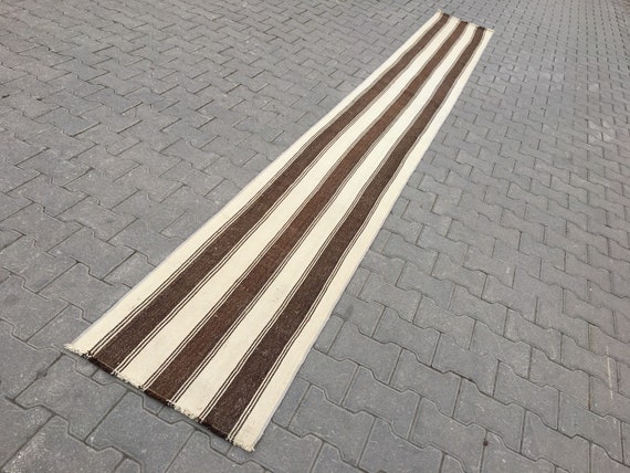 Handwoven Kilim Runner: Natural Sheep Wool, Brown Stripes (22” X 184”)
