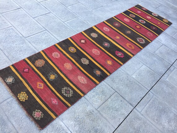 Handwoven Organic Wool Kilim Runner Rug: Turkish Vintage Tulu Rug (30" x 110")