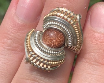 Goldstone Sterling Silver & Gold-Fill Wire-Wrapped Ring