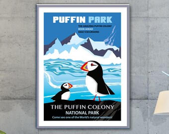 Puffin Park Retro Mid Century Blue Travel Poster, Vintage Travel print style, Mid Century Bird Print, National Parks Advertising MCM/0359