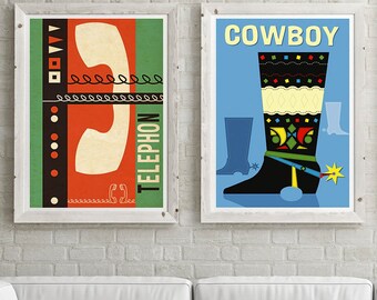 Set of Cowboy Boot and Telephone Exchange Mid Century Modern Prints, Wild West, Set of two prints, Retro Mid Century Gift Print Set