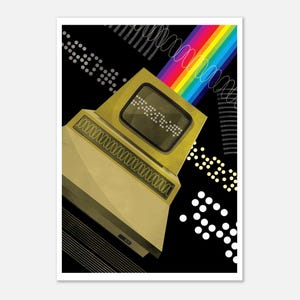 May include: Illustration of a retro computer with a rainbow emerging from the screen on a black backdrop. The computer is gold with a screen showing dots. White and grey geometric shapes and dots surround the computer.