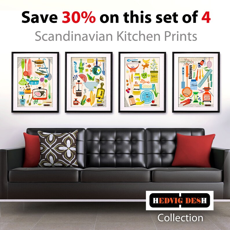 Set of 4 Kitchen Prints Mid Century Modern Wall Art Etsy
