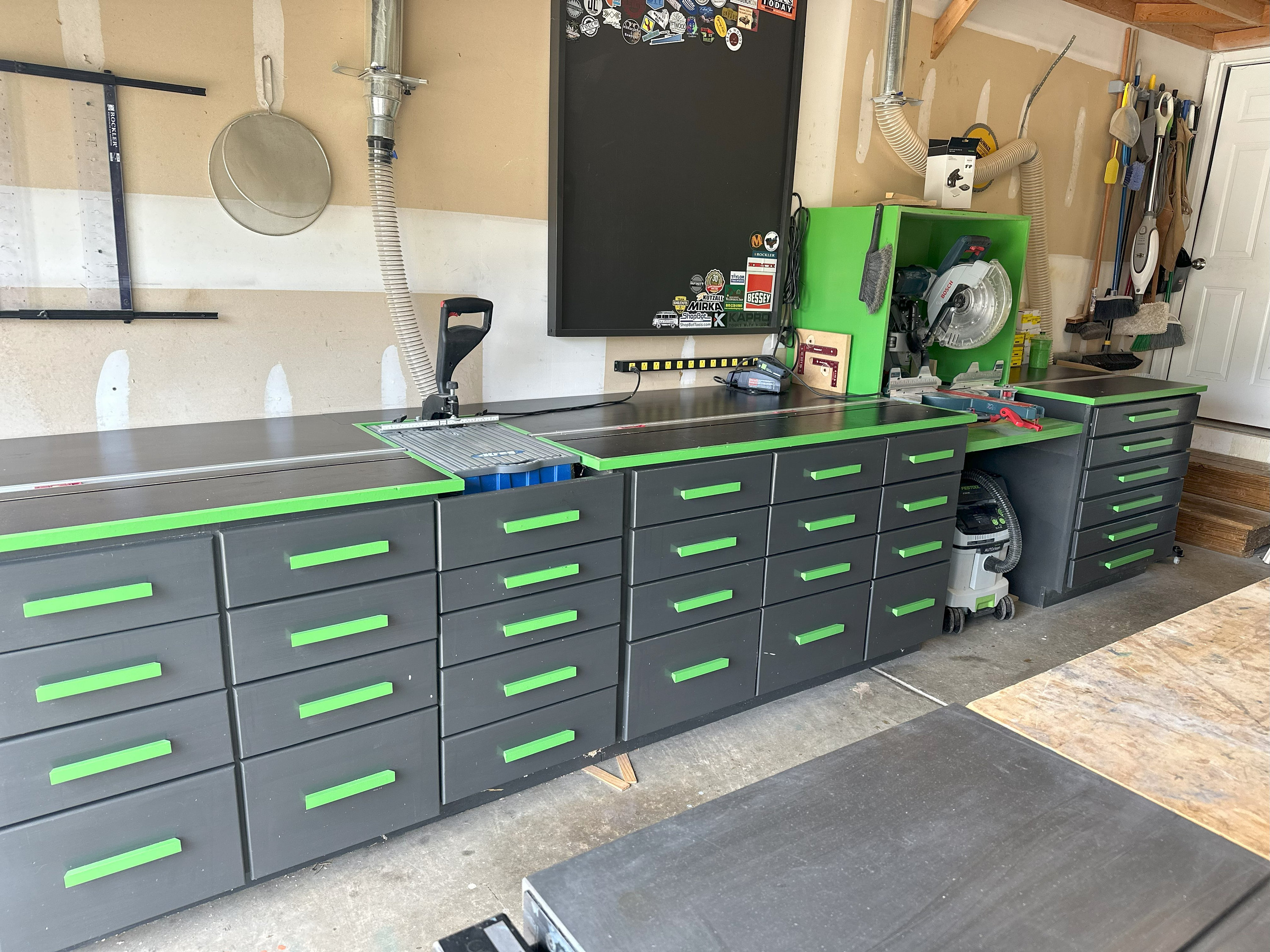 Just finished adding storage cabinets, small parts organizers and storage,  shelves, a miter saw dust hood and collection, and a sanding section. What  do you think? : r/Workbenches