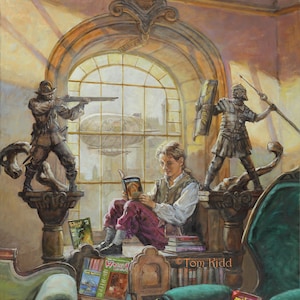 May include: A young person sits on a ledge reading a book in a room with a large window. The window looks out onto a city with a large airship flying overhead. There are two statues on either side of the window, one of a man with a gun and the other of a man with a shield and spear. The room is decorated with bookshelves and chairs. The text on the book the person is reading is "Weaveworld".