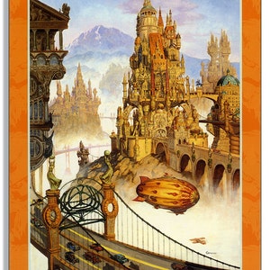 May include: A colorful illustration of a futuristic city with a large airship flying over a bridge. The city is made up of tall buildings with intricate details and is set against a backdrop of mountains and clouds. The text "VOLUME ELEVEN IN THE TUNDRA SKETCHBOOK SERIES" is at the bottom of the image.