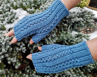 Blue Merino Fingerless Gloves, Wool Mittens