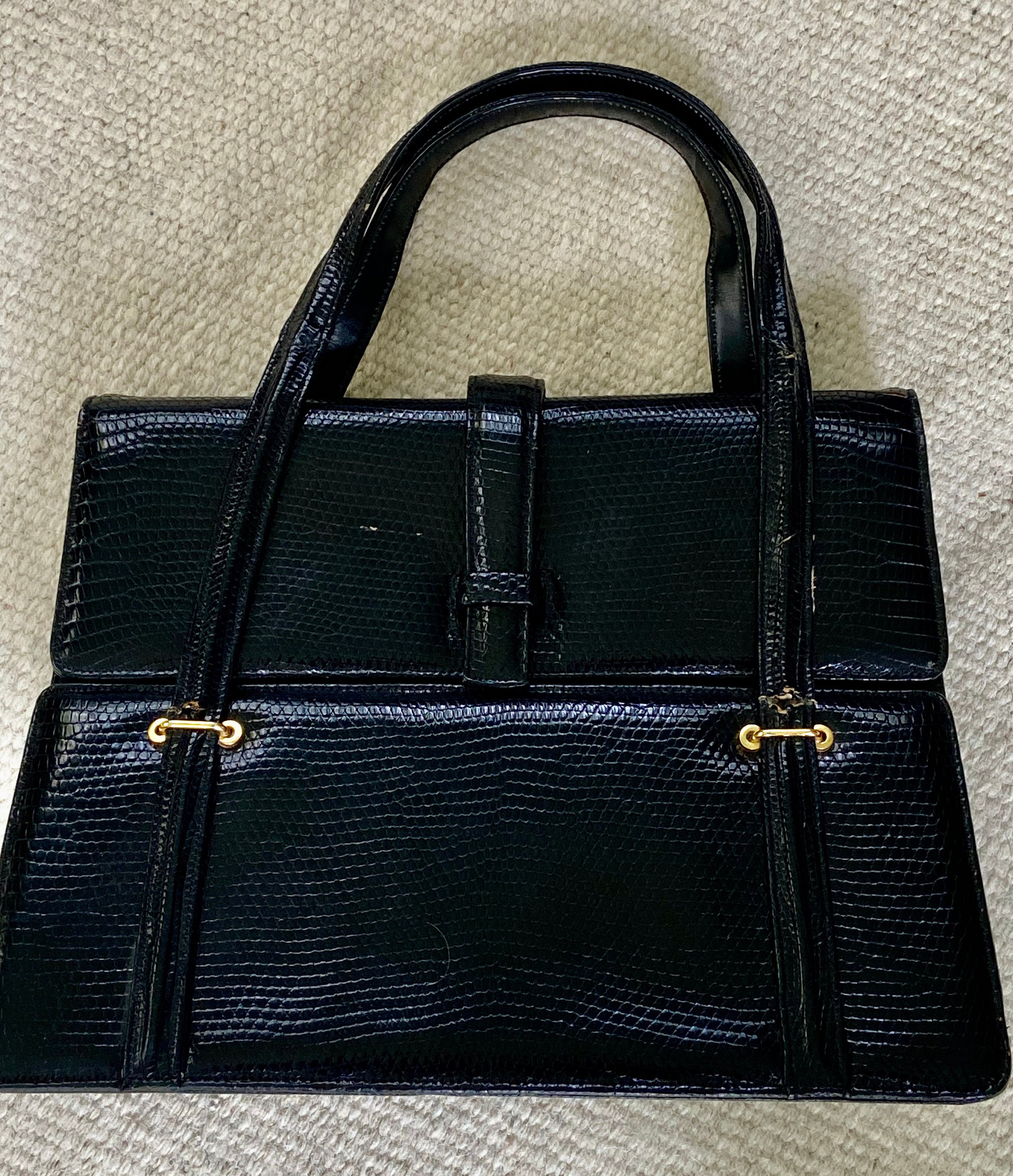 FERNANDE DESGRANGES black baby crocodile skin handbag with pocket
