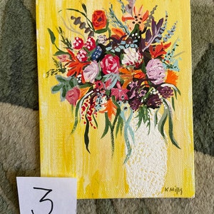 Brighten someone’s day with this Cheerful Vase of flowers, original acrylic painting. Perfect on the desk or Mothers Day.