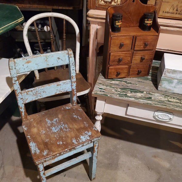 Antique Vintage Child's Wooden Chair Old Blue Paint