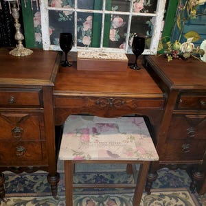 Antique Wood Vanity Desk, Dovetailed Drawers, Rolling Casters image 2