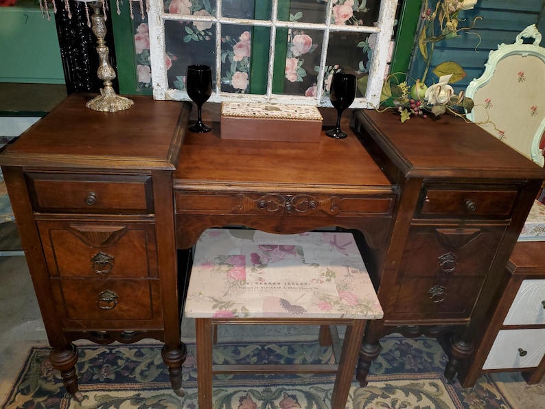 Antique Wood Vanity Desk, Dovetailed Drawers, Rolling Casters image 2