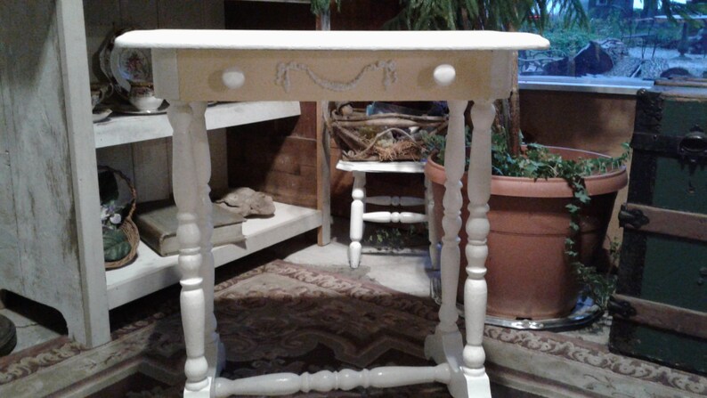 Antique Wooden School Desk Made Into Romantic Bedside Table Or Night Stand With Cottage Chic Appliques