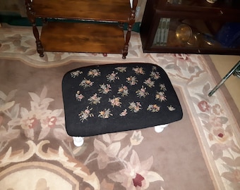 Antique Hand Made Hassock, Stool, Foot Rest With Gorgeous Hand Made Needle Point Black Floral Very Well Made & Comfy. Perfect for Any Room