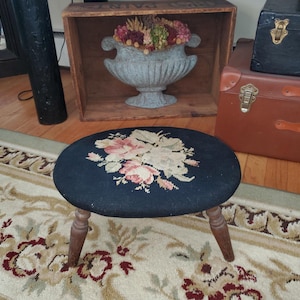 Antique Vintage Needlepoint Stool Floral Arrangement on Black Background Exact Age Unknown