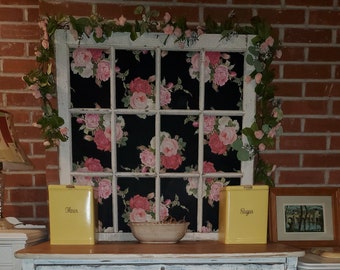 Antique Farm House 12 Pane Window Frame Adorned With Zazzle Floral Wallpaper. Glass Has Been Removed Long Ago. Very Shabby Chic!