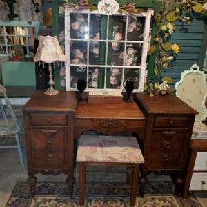 Antique Wood Vanity Desk, Dovetailed Drawers, Rolling Casters image 1
