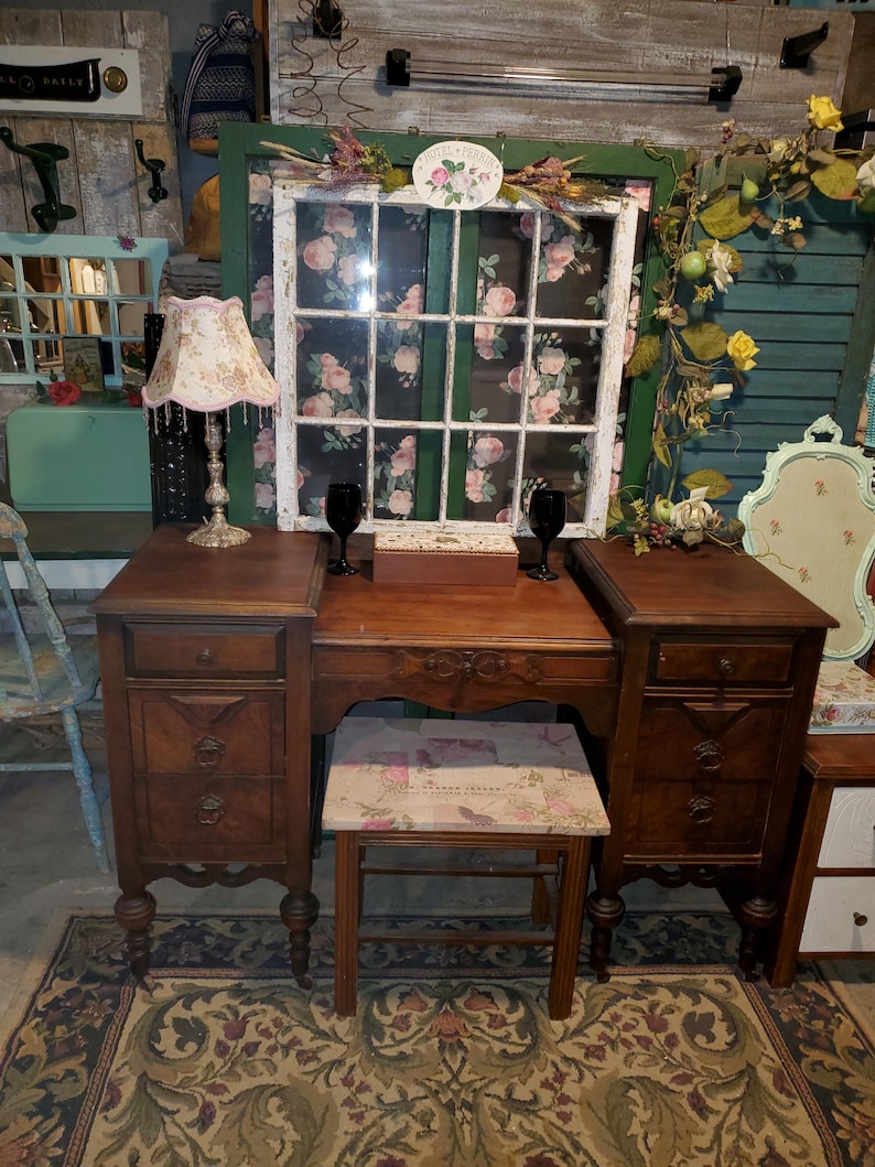 Antique Wood Vanity Desk, Dovetailed Drawers, Rolling Casters image 1