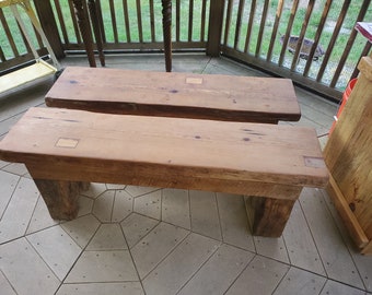 Pair Timber Frame Benches! Antique 300 Year Old Reclaimed Barn Beam Timbers Hand Made Into Pair of Benches. Last Pair
