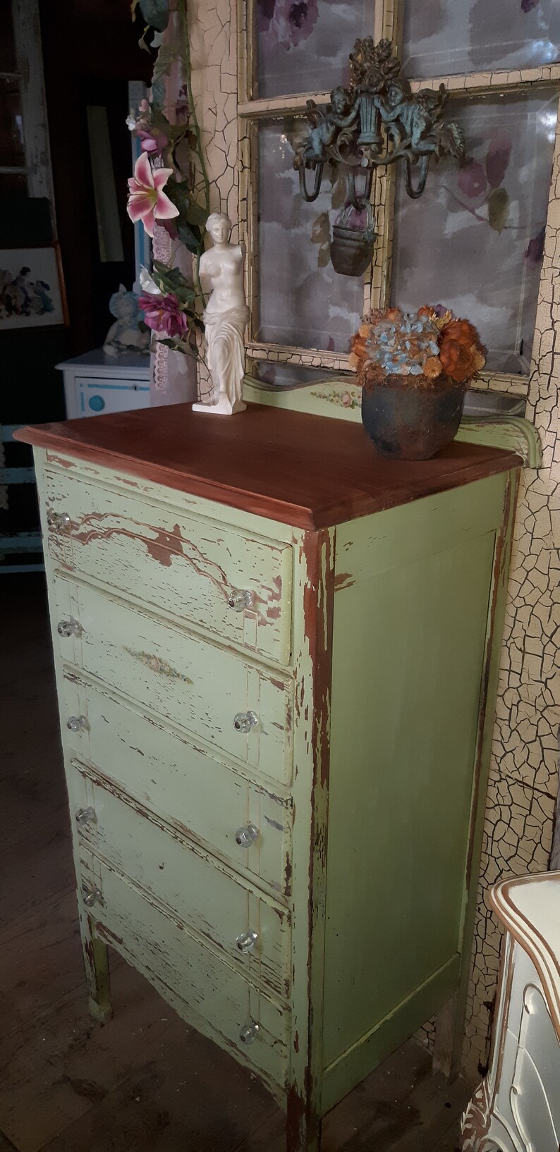 Antique Narrow Set Of Drawers Hand Painted With Old Stencils Etsy
