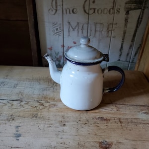 Antique Tiny One Cup Teapot Porcelain Enamelware White Blue Rim