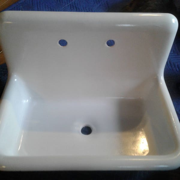 Antique Cast Iron Farm Sink 30" High Back Splash Rolled Rim Single Basin Pristine Restored Condition, Great for Powder Room, Bath, Pantry