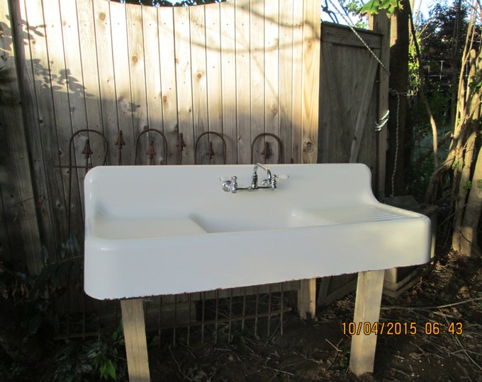 Antique Cast Iron Porcelain Kitchen Farm House Sink Double Drainboard