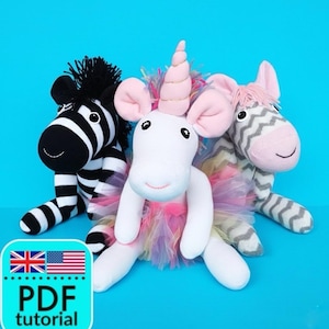 DIY sock unicorn zebra horse tutorial sewing by hand or machine with tutu step by step pattern English instructions gift nursery decor