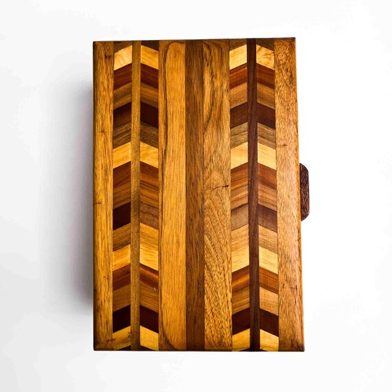 Vintage Wood Marquetry Jewelry Box With Herringbone Inlay Pattern