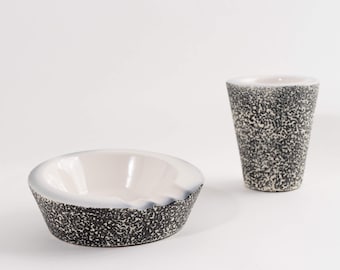 Mid-Century Ceramic Ashtray and Pencil Cup - Speckled Black and White Desk Organizer