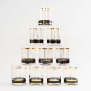 Vintage Culver Devon Black Double Old Fashioned Glasses - Set of 10 - Lowball Whiskey Cocktail