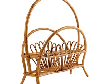 Vintage 1960s Rattan Magazine Rack with Fan Arch Design, Franco Albini Style