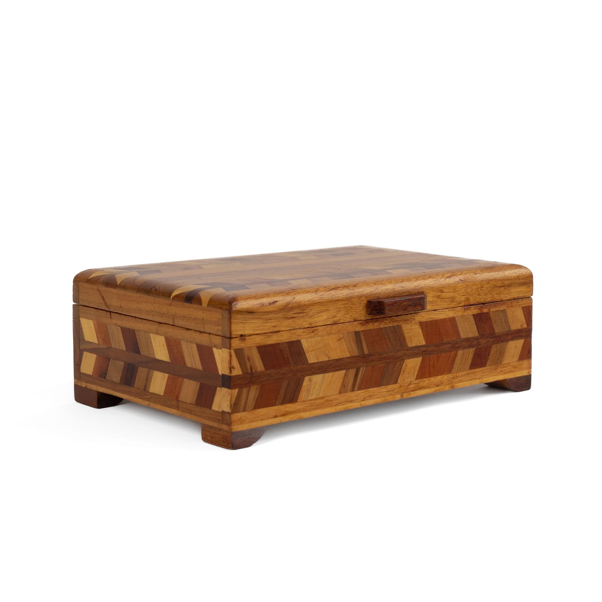 Vintage Wood Marquetry Jewelry Box With Herringbone Inlay Pattern