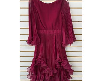 60s Vintage Dress Miss Elliette Medium Wine Fluttery Chiffon Cocktail Party 1960