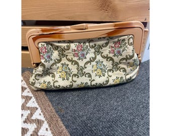 Vintage Floral Brocade Clutch Purse 1950s Lucite? Frame Mid Century Evening Bag