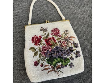 Vintage 1960s Purse White Hand Beaded Bag Floral Needlepoint Tapestry Gold Trim