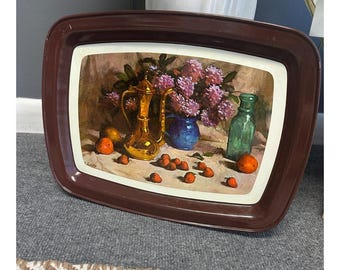 Vtg Mid Century Metal Serving Tray Colho Still Life Floral 1960s Kitchen Decor
