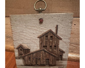 Vtg GRUN Wood Barn Shelf Art Plaque Signed Rustic Folk Art Farmhouse 5 x5 Decor