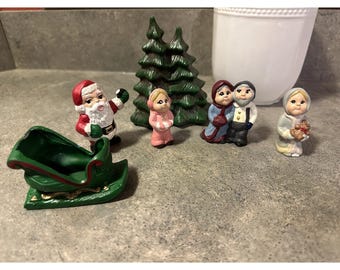 Vintage Ceramic Christmas Village People Town Scene Hand Painted Santa Sleigh