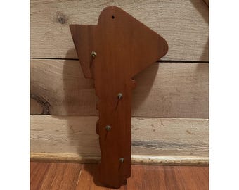 Vintage Wood Key Shaped Key Holder Rack 4 Hooks MCM Wooden 14" Wall Decor